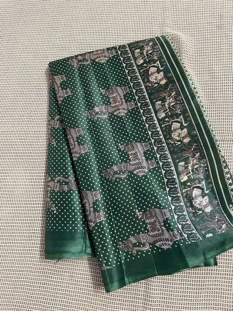 Tussar Silk Green Horse Print Saree