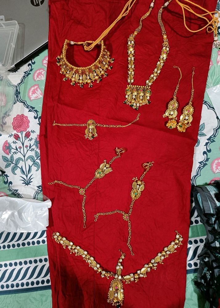 Bridal Set With Pocha, Long And Short Necklace, Bajubandh, Earrings And Mang Tika