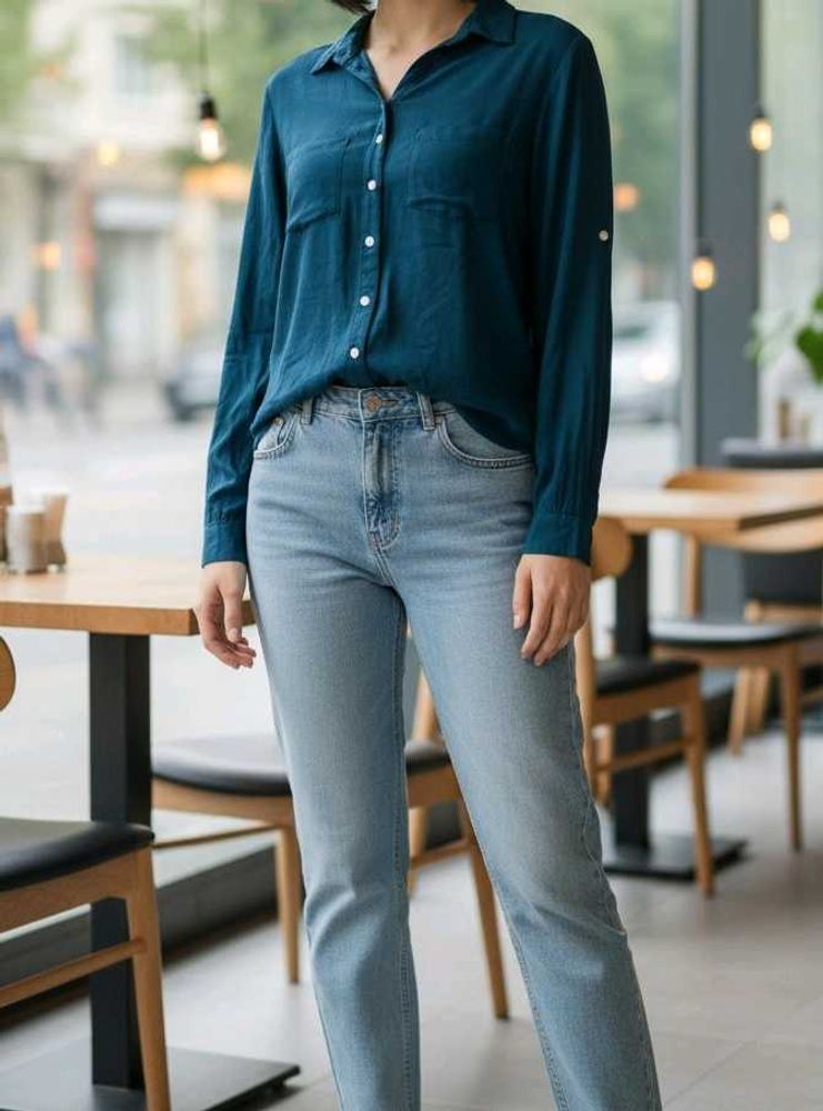 Blue Button-Down Loose Fit Top