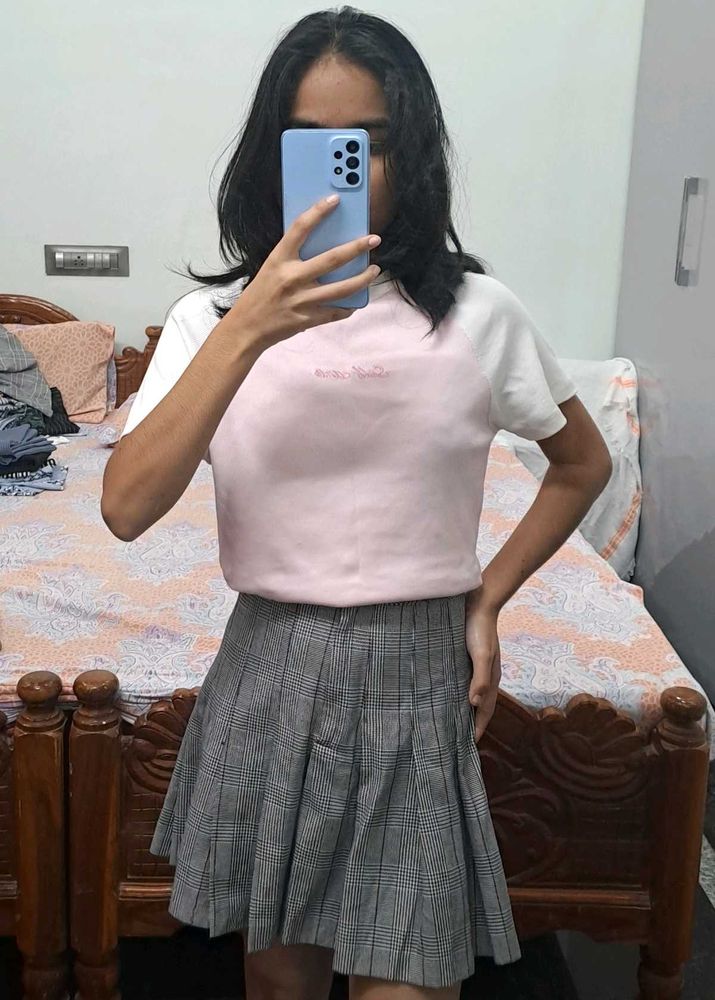 Pleated Plaid Mini Skirt And T- Shirt