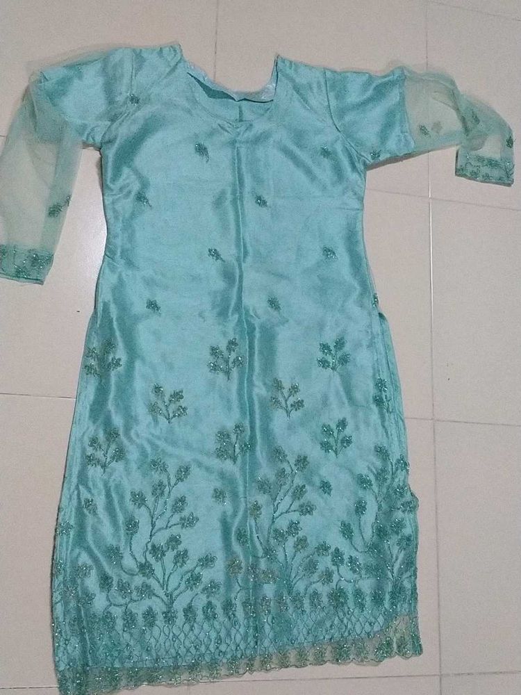Elegant Aqua Embroidered Kurti
