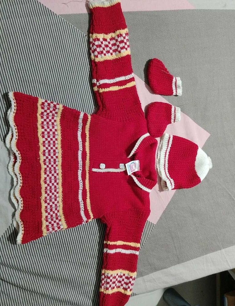Adorable Red Knitted Baby Set