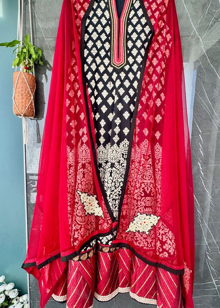 Red and Black Anarkali Gown With Net Dupatta