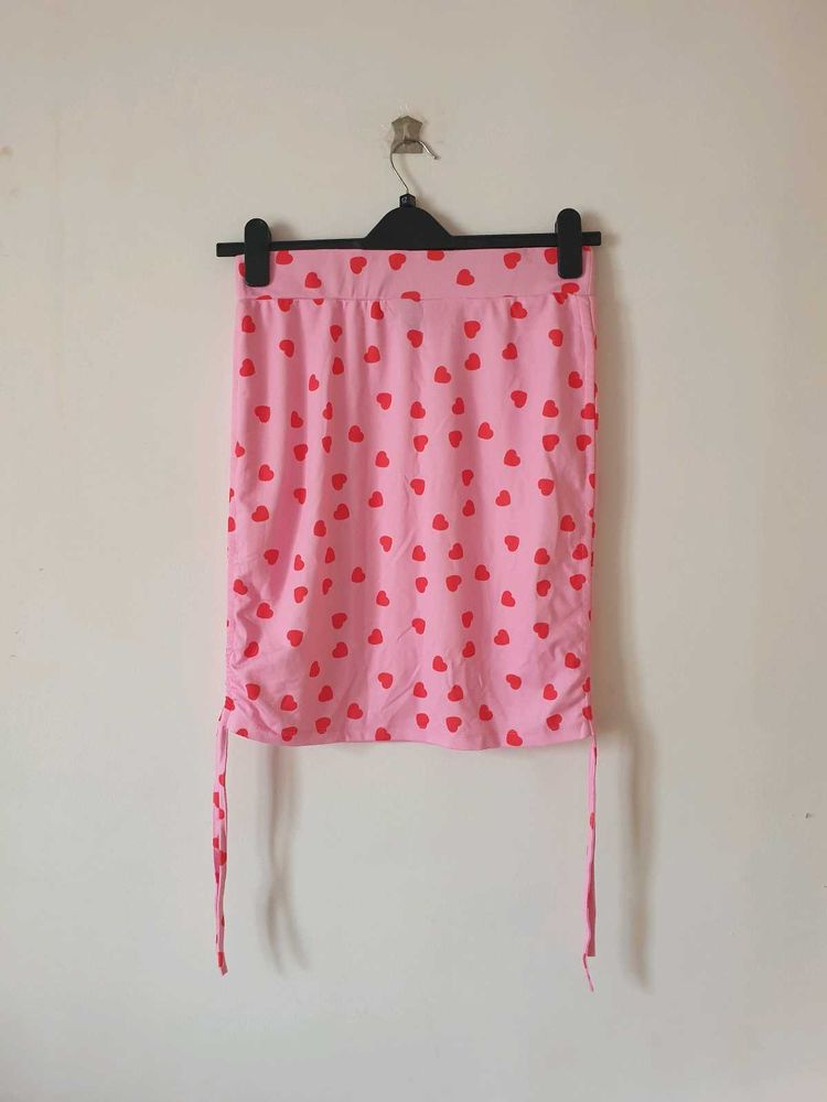 Pink Heart Print Drawstring Mini Skirt