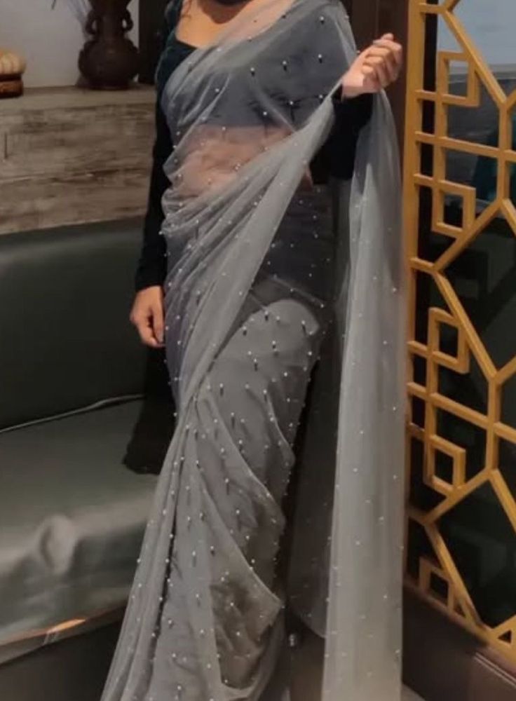 Elegant Grey Pearl Embellished Saree