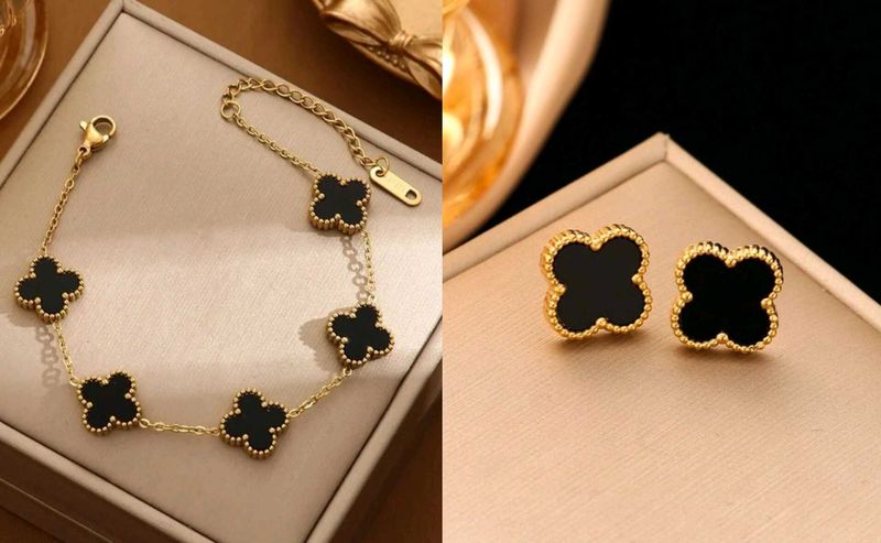 Van Cleef Inspired Black Clover Studs And Bracelet
