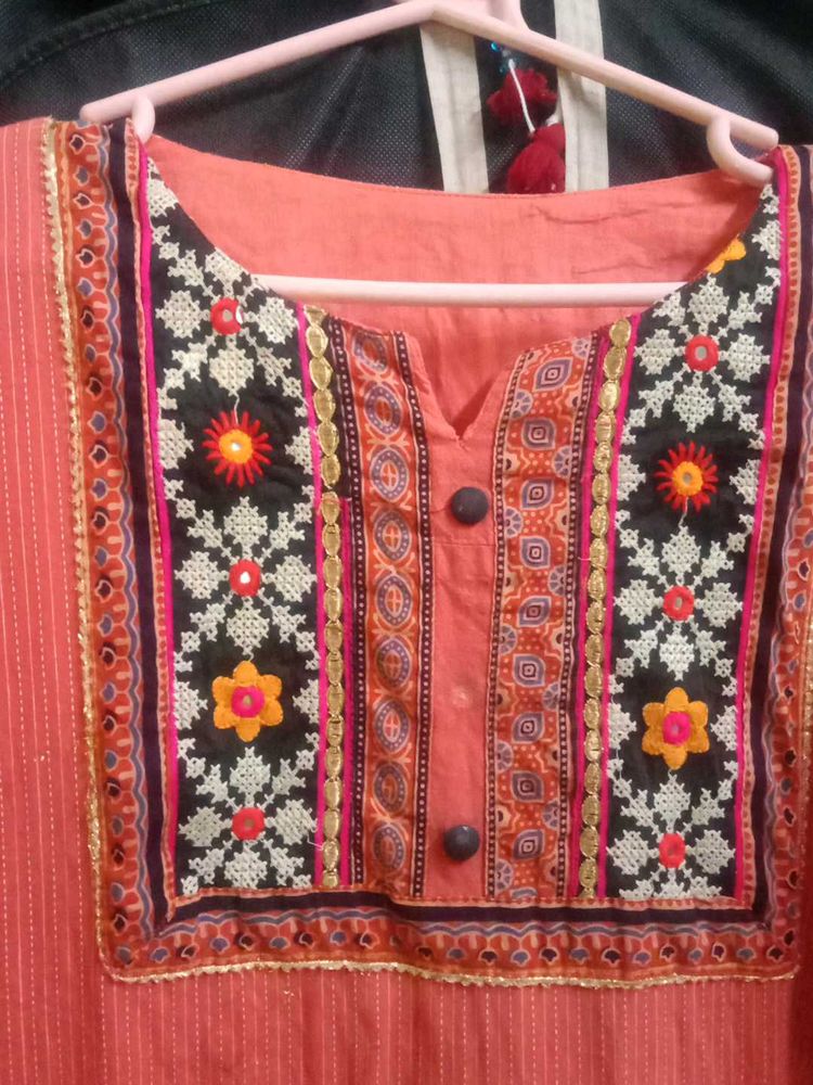 Embroidered Coral Kurti With Cotton Lining