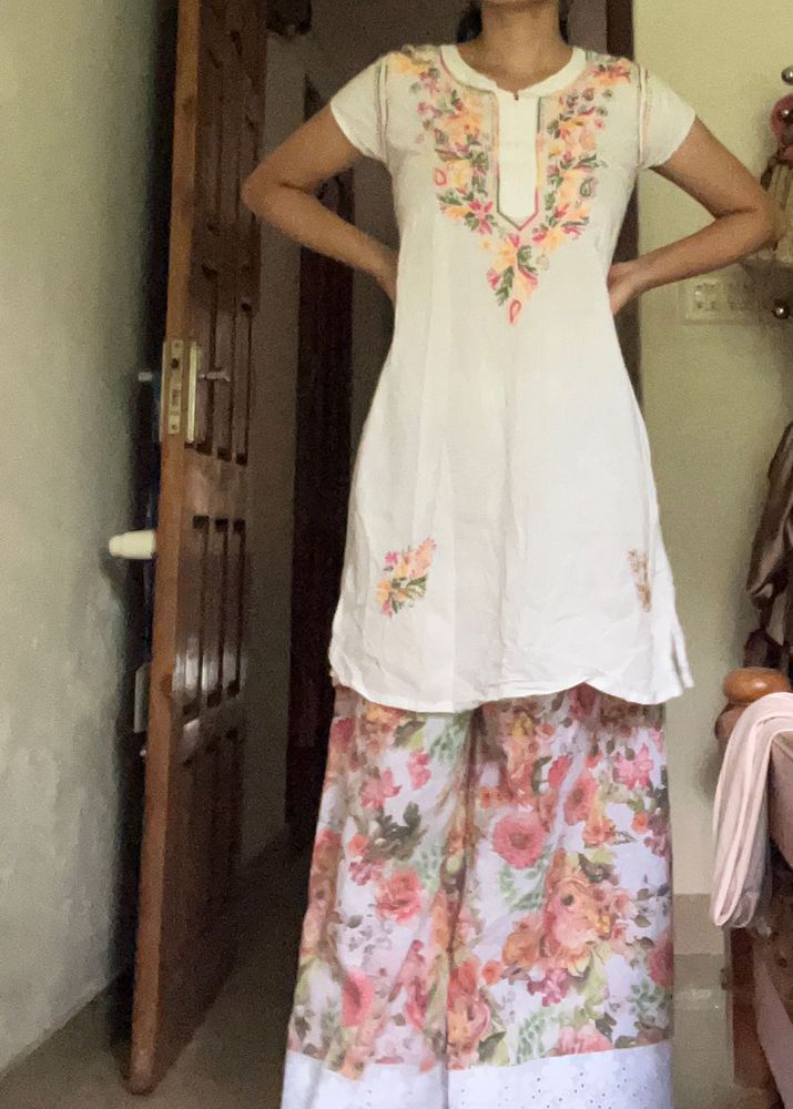 Embroidered Kurti with Floral Palazzo Pants