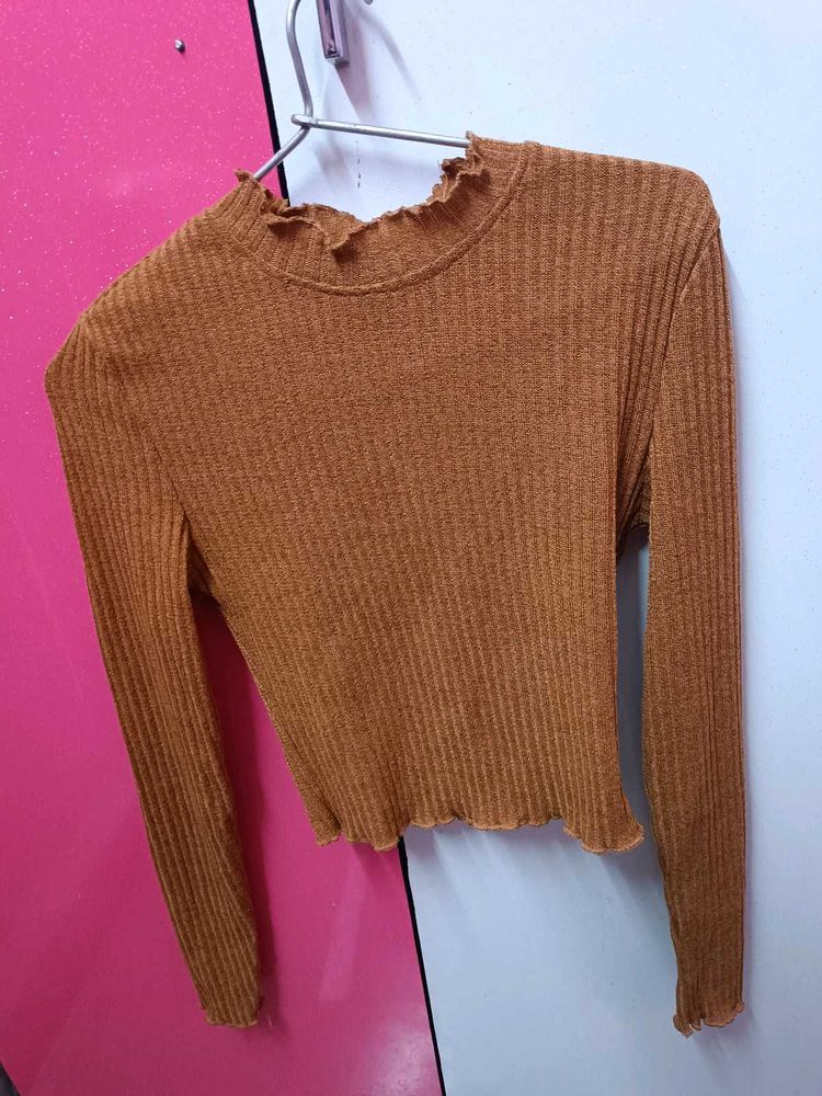 Ribbed Ruffle Trim Long Sleeve Top