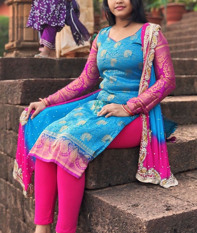 Blue &amp; Pink banarashi Salwar Suit