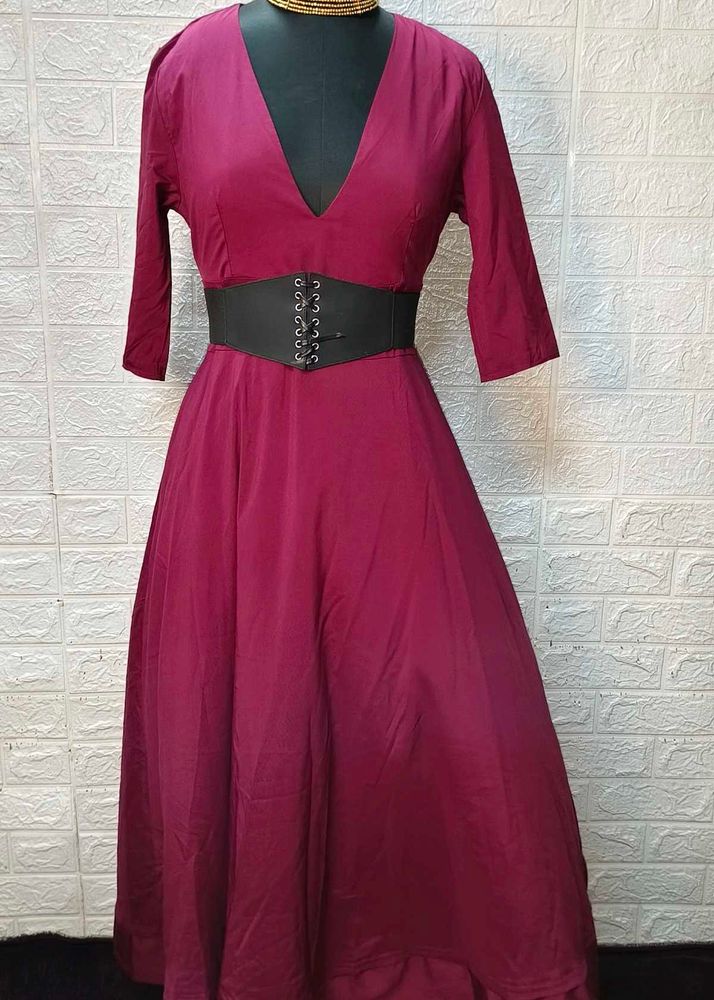 Maroon Flared Gown With Deep Neck