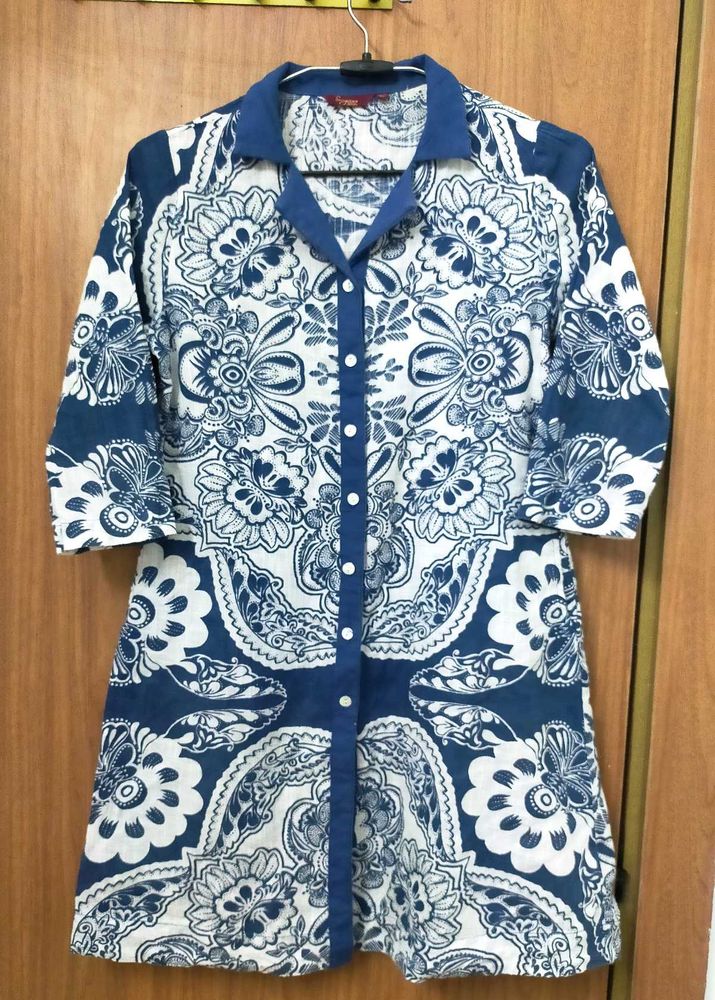 Blue &amp; White Floral Print Button-Down Dress