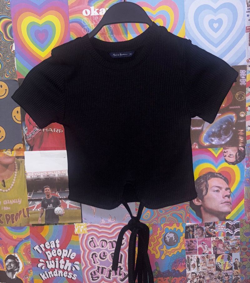 Black Ribbed Tie-Front Top