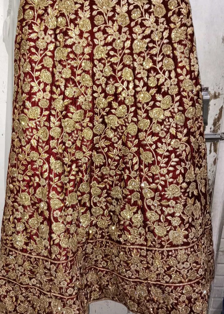 Maroon &amp; Gold Embroidered Lehenga Skirt
