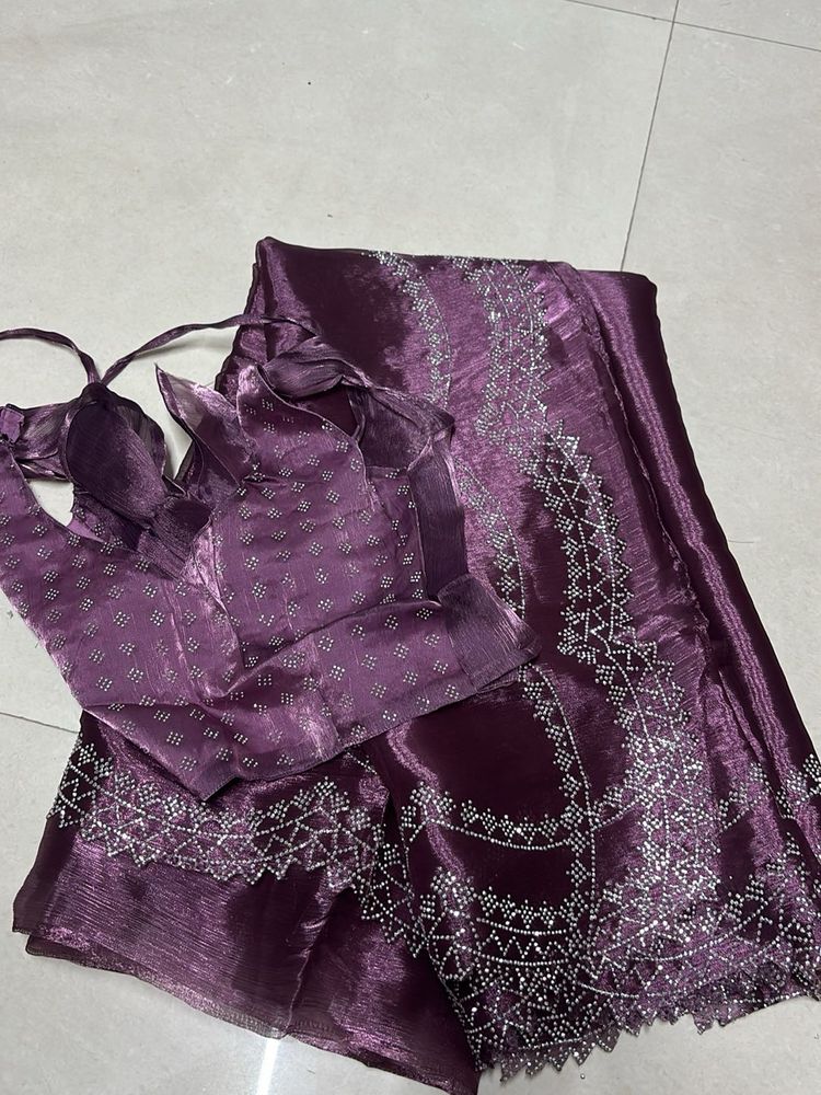 Purple Embellished Saree &amp; Blouse Set