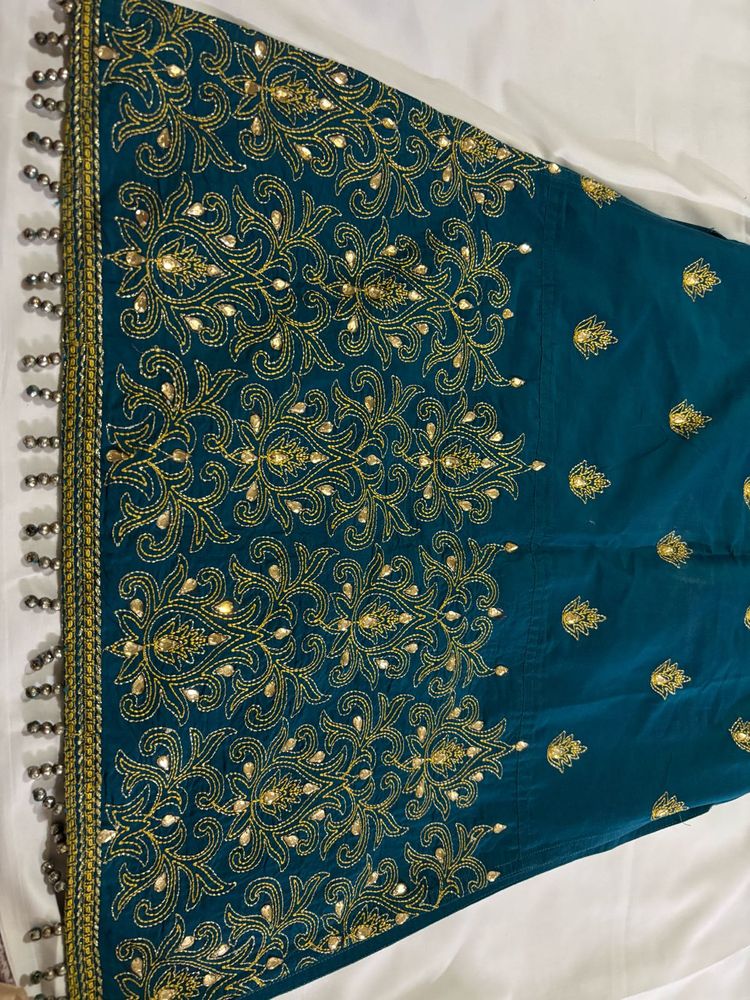Teal &amp; Gold Embroidered Kurti Set