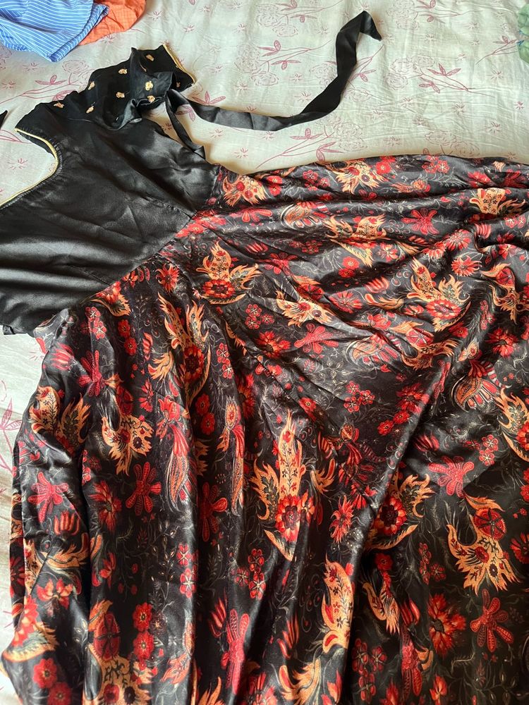party wear black floral silk gown
