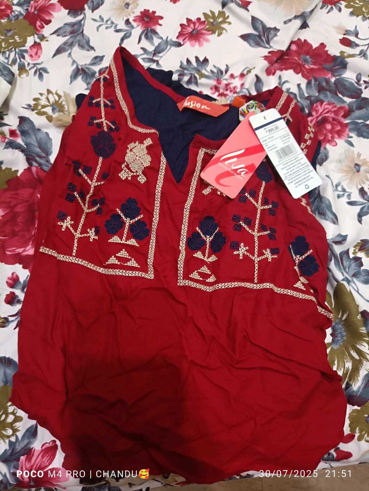 Embroidered Red Top(Sleeves Are There)
