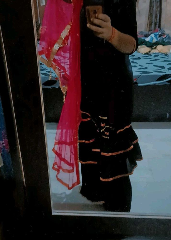 Black Sharara Suit With  Pink Dupatta
