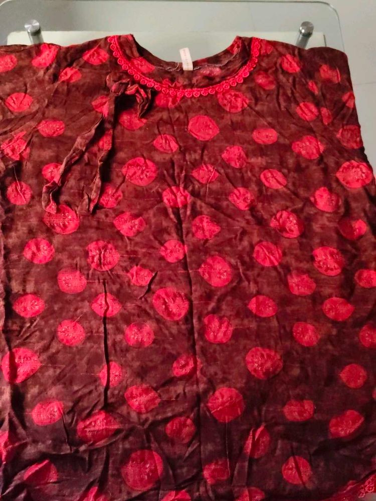 Brown Colour Top With Red Print &amp; Border
