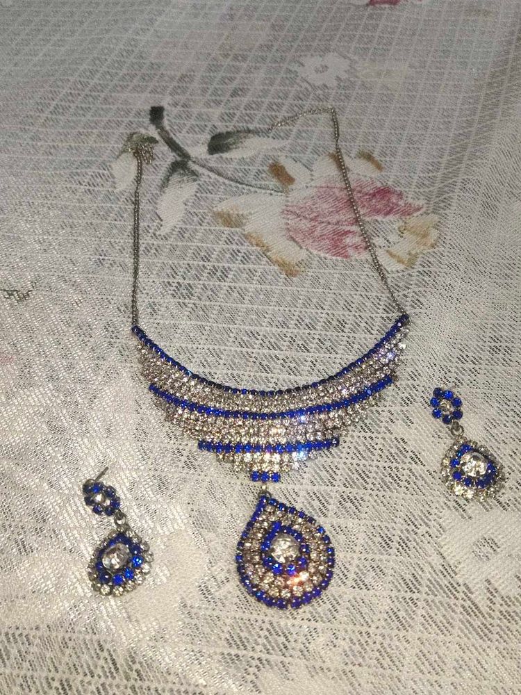Blue Rhinestone Necklace &amp; Earring Set