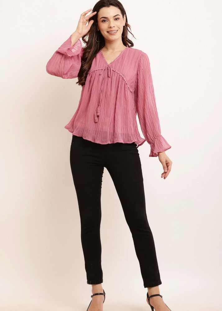 Mauve Tie-Neck Ruffle Sleeve Top