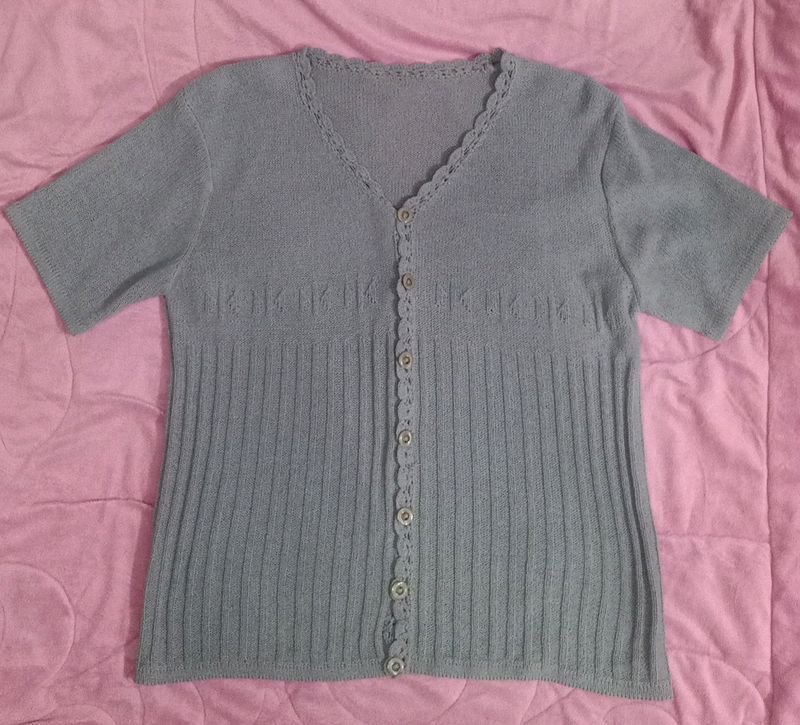 Grey Knit Top Crochet Casual