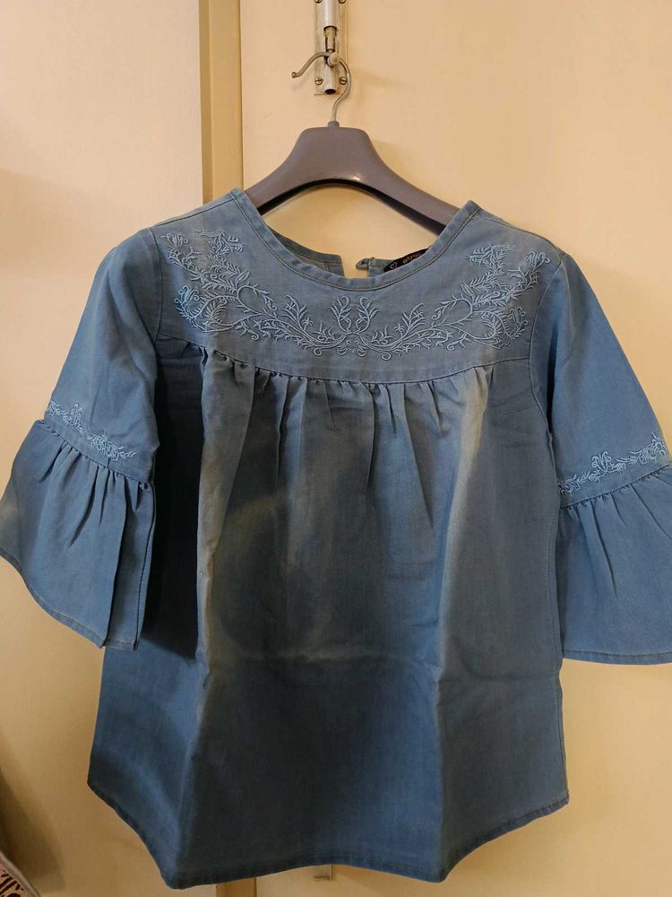 Blue Embroidered Ruffle Denim Top