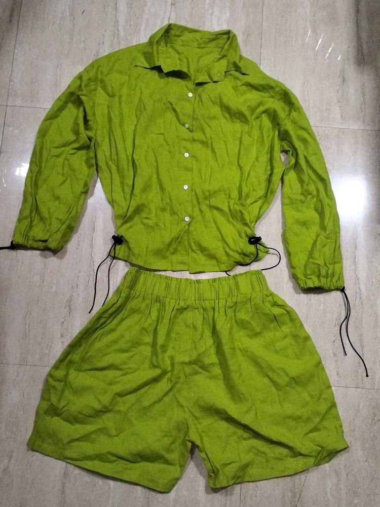 Green Linen Shirt &amp; Shorts Set