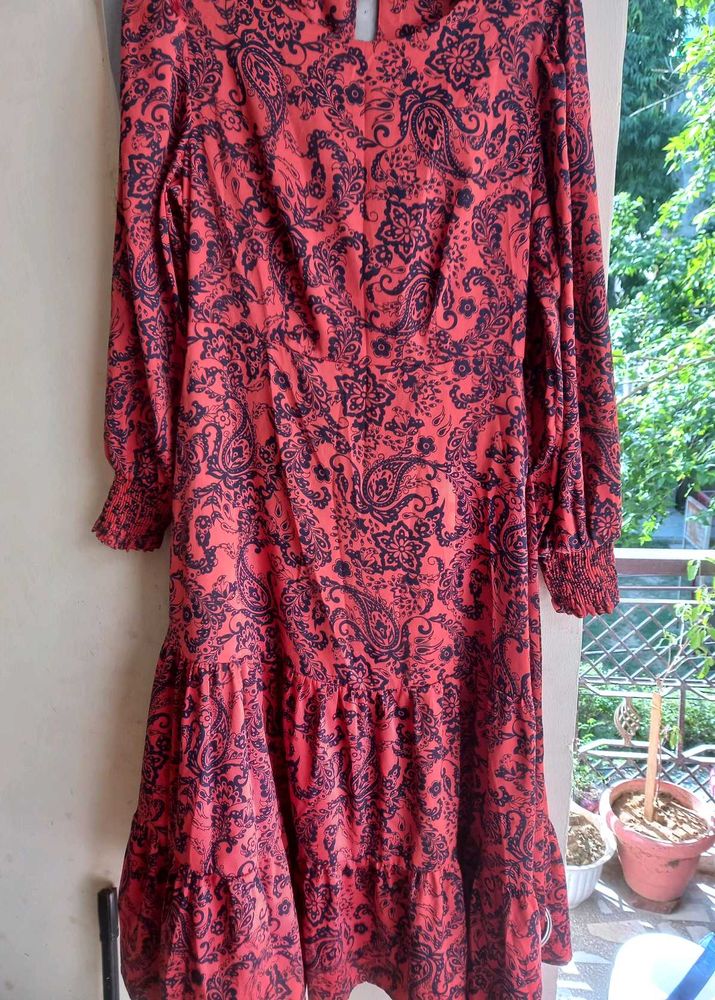 Red Paisley Tiered Midi Dress