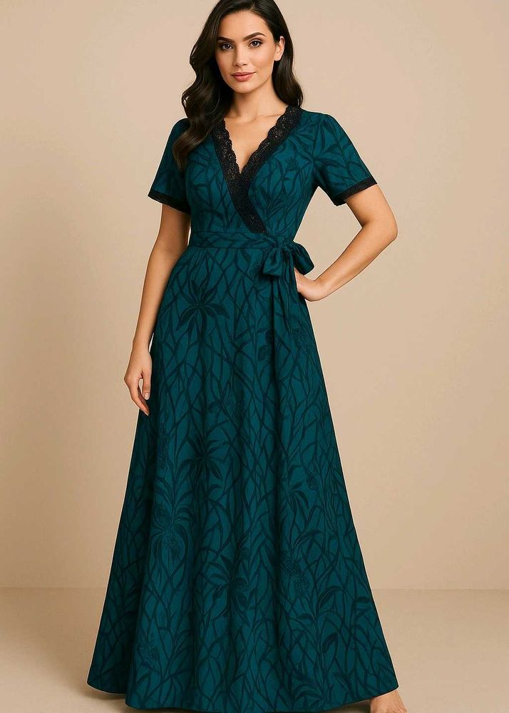 Teal Black-Lace Wrap Maxi Nighty