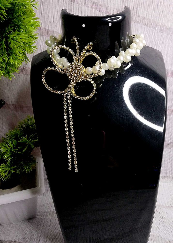 Pearl Butterfly Crystal Choker  Elegant Party Wear