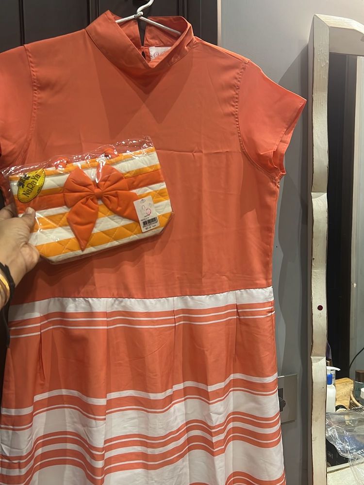 Orange n White Striped Dress 👗 Matching Bag