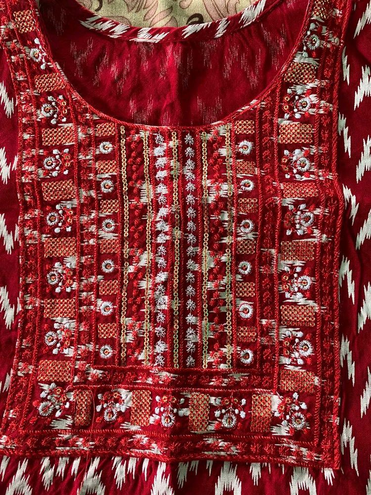 Red Embroidered Kurta