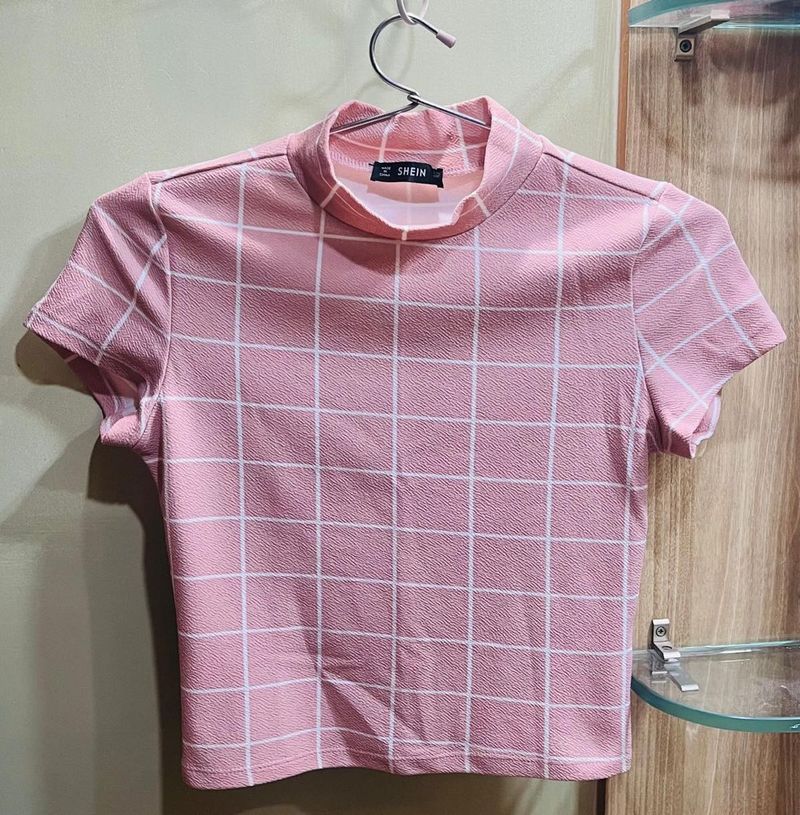 Pink Grid Mock Neck Top