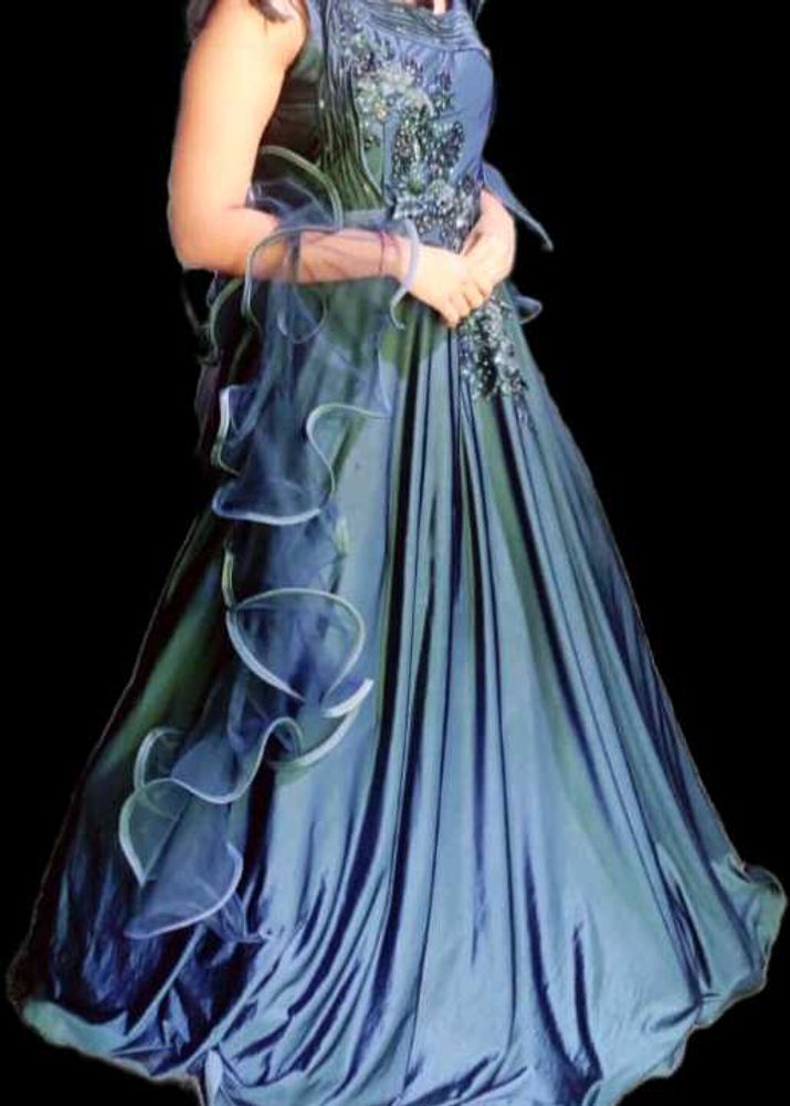 Navy Blue Gown With Ruffled Dupatta ( Full Gher)