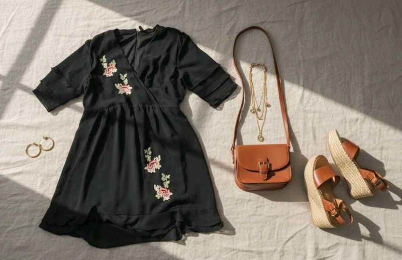 Floral Embroidered Black Dress