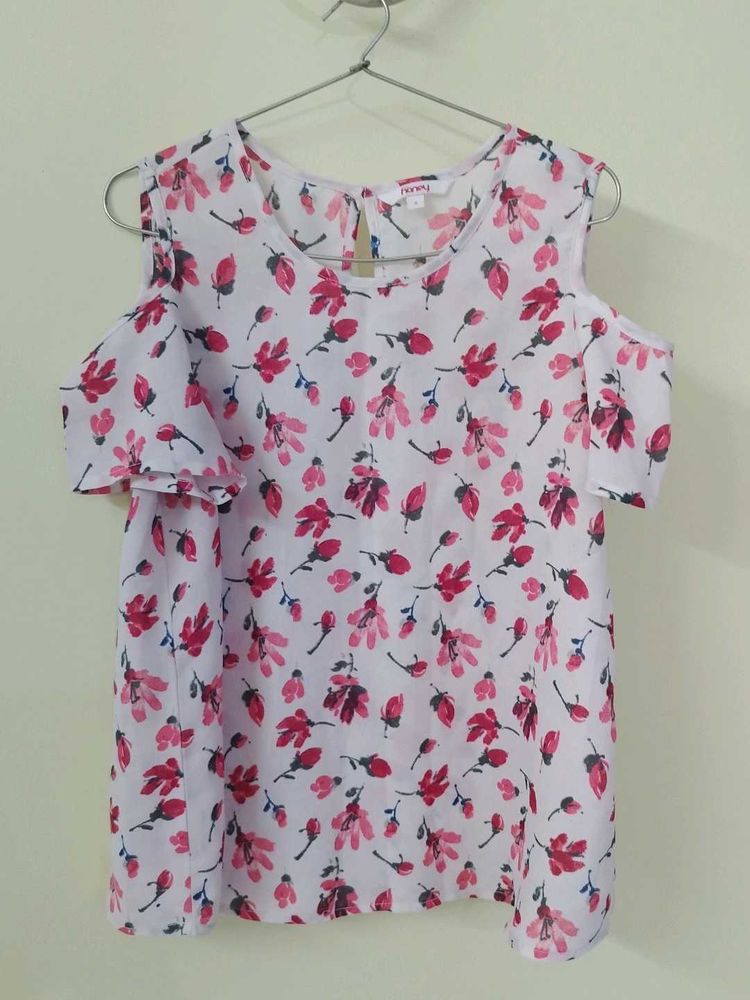 Cute Floral White Cold Shoulder Top For Women.