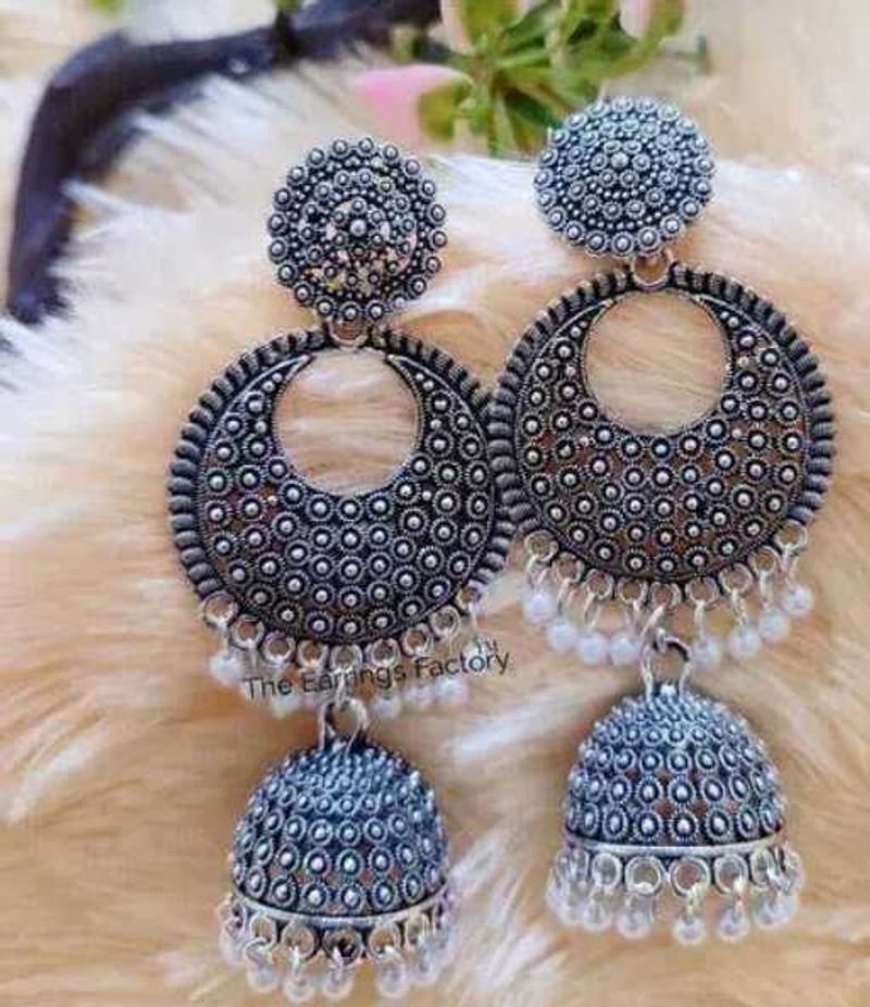 White Oxidised Jhumka Earrings