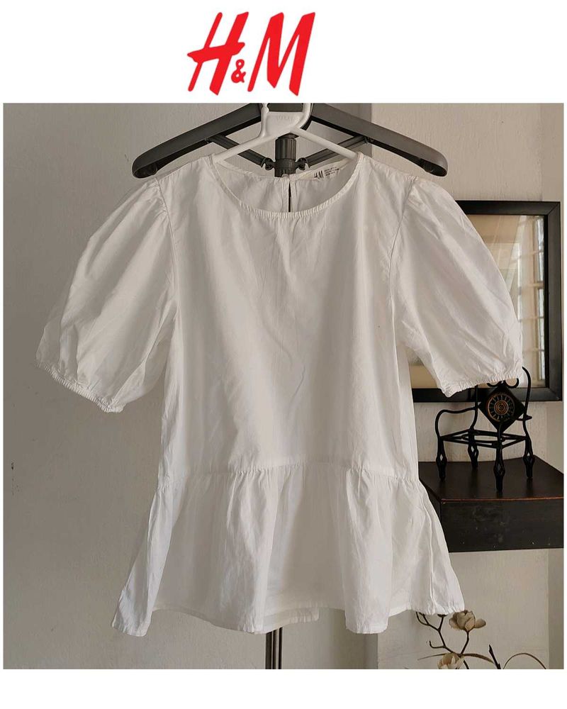 H&amp;M White Short Puff Sleeve Blouse