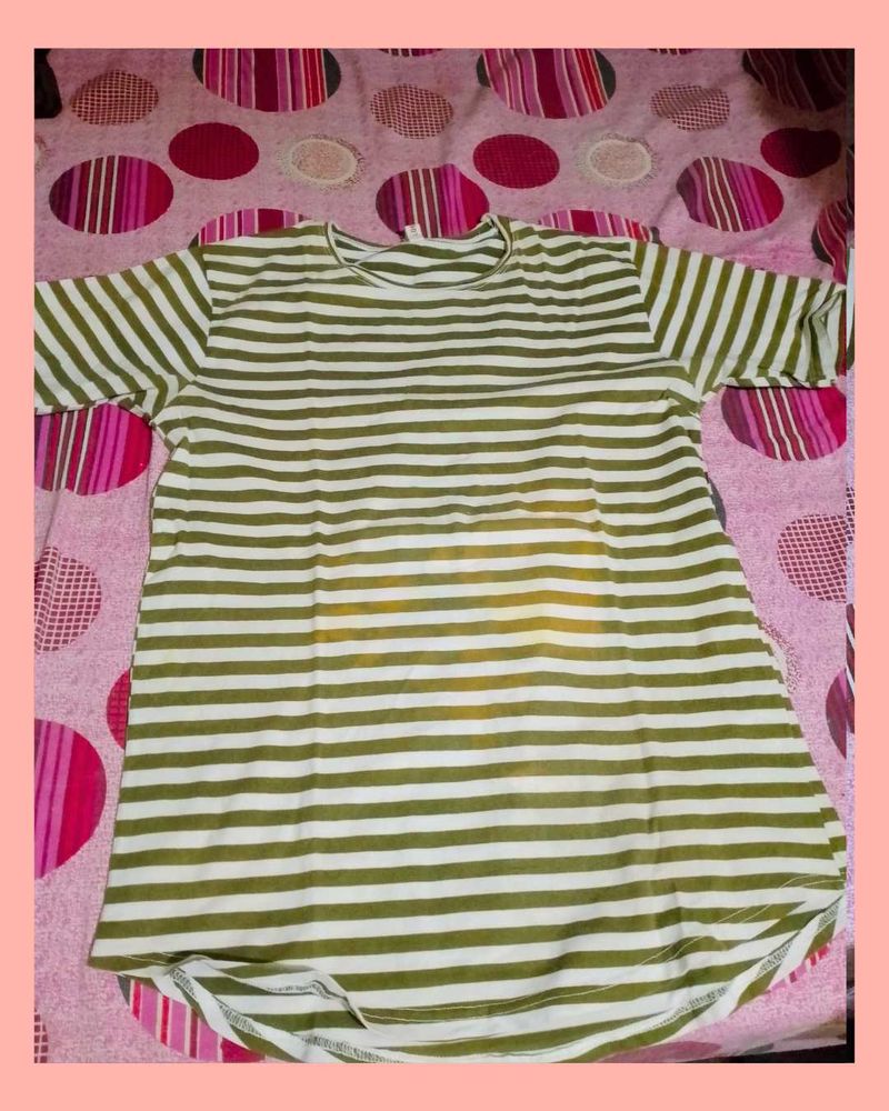 Stylish Green-White Striped T-Shirt | XL Size | Ca