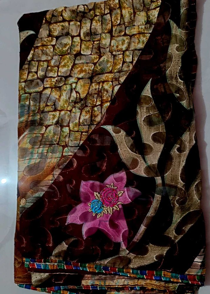 Brown Floral Print Sari