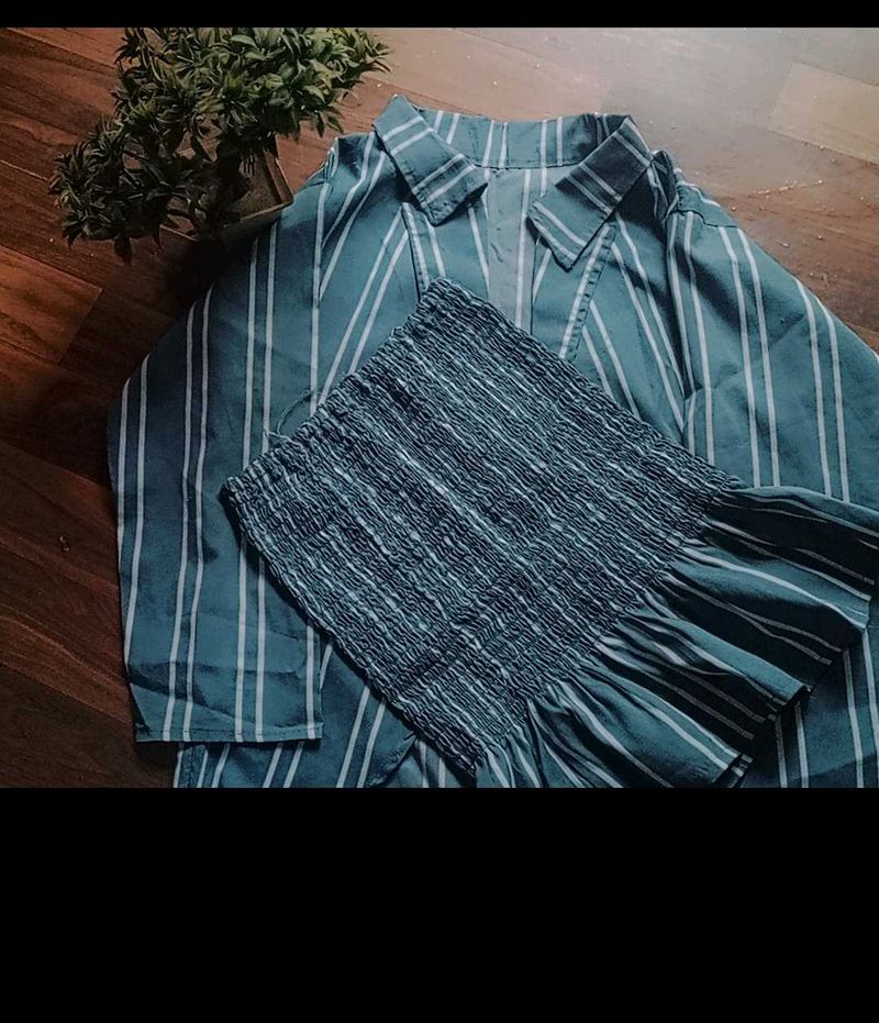 Striped Shirt and Smocked Skirt Set
