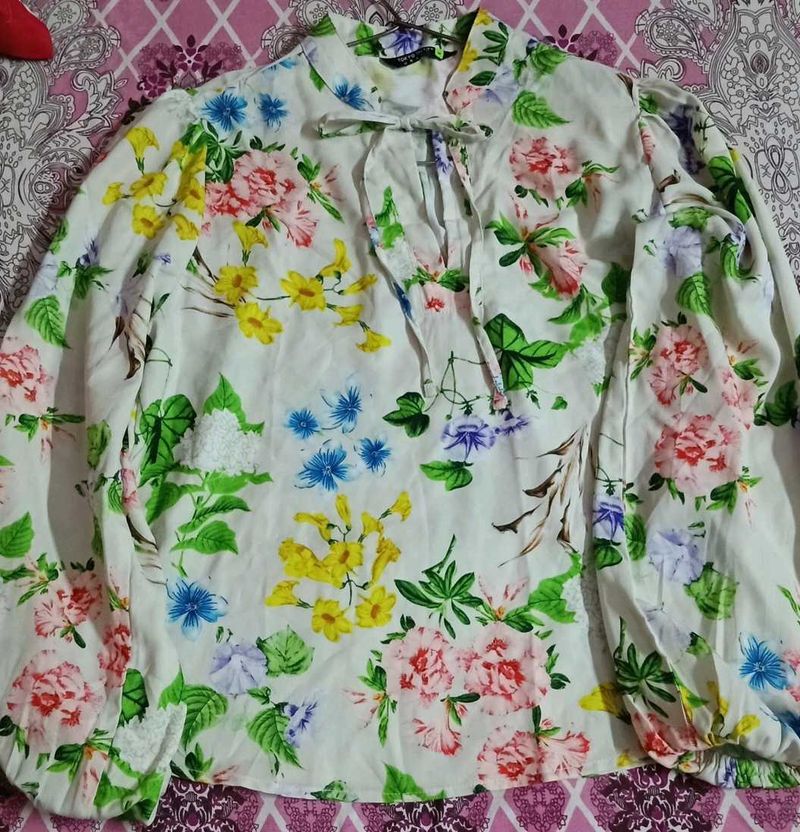 Floral Top with Tie Neck