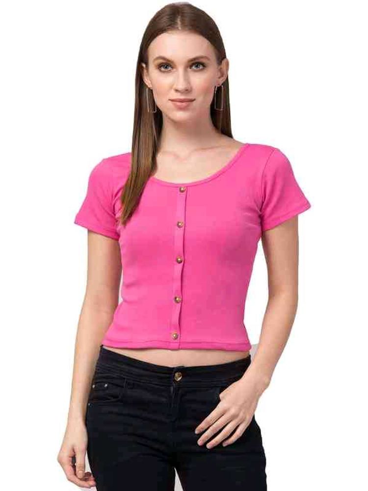Pink Button-Front Crop Top