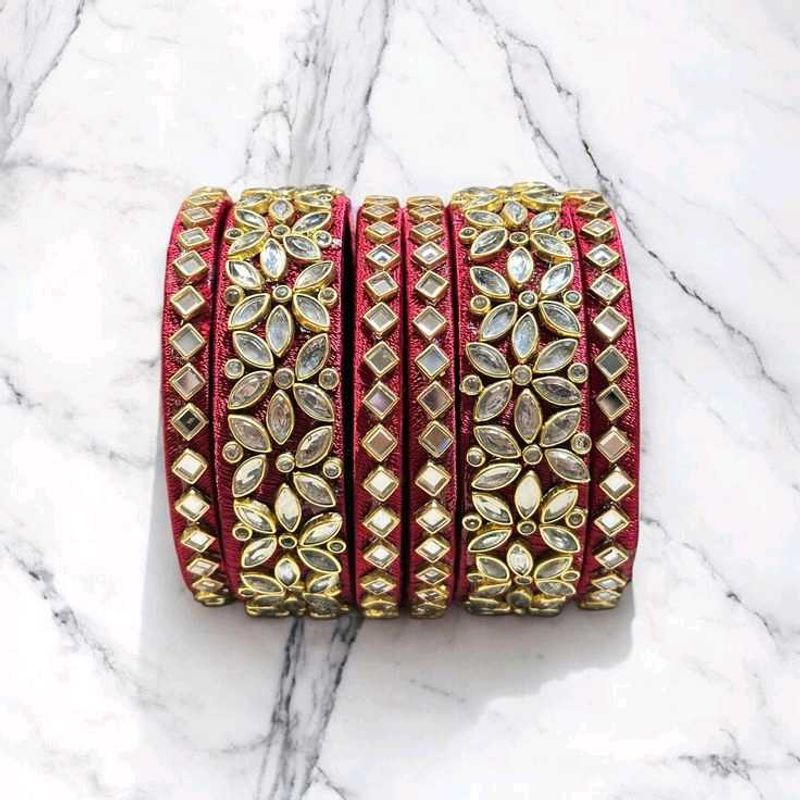 Maroon &amp; Gold Kundan Bangles (Set of 6)
