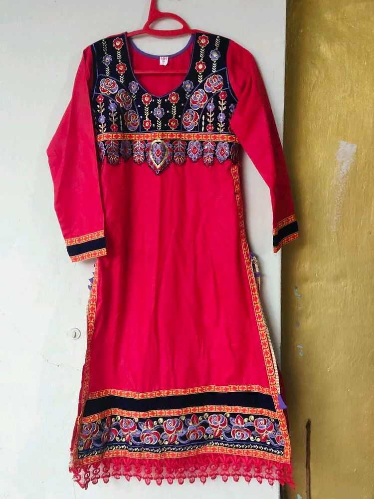 Embroidered Red Kurta