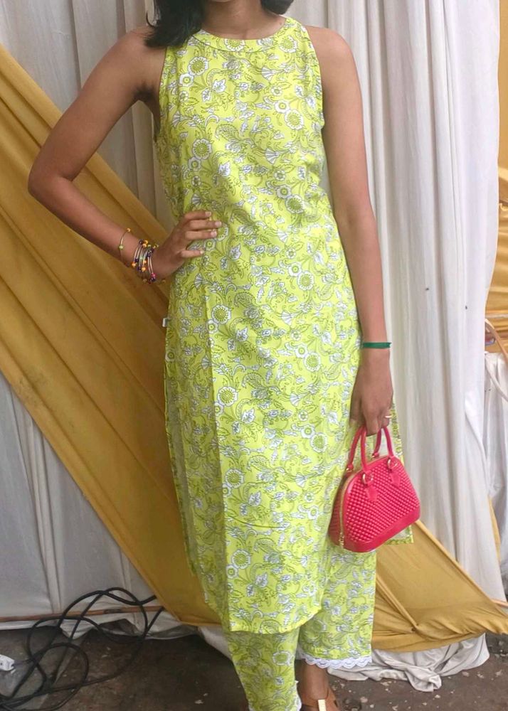Lime Green Printed Kurta Set