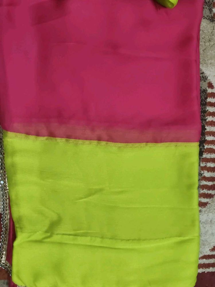 Pink &amp; Green Saree With Stiched Blouse