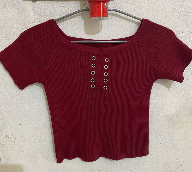 Maroon Ribbed Crop Top